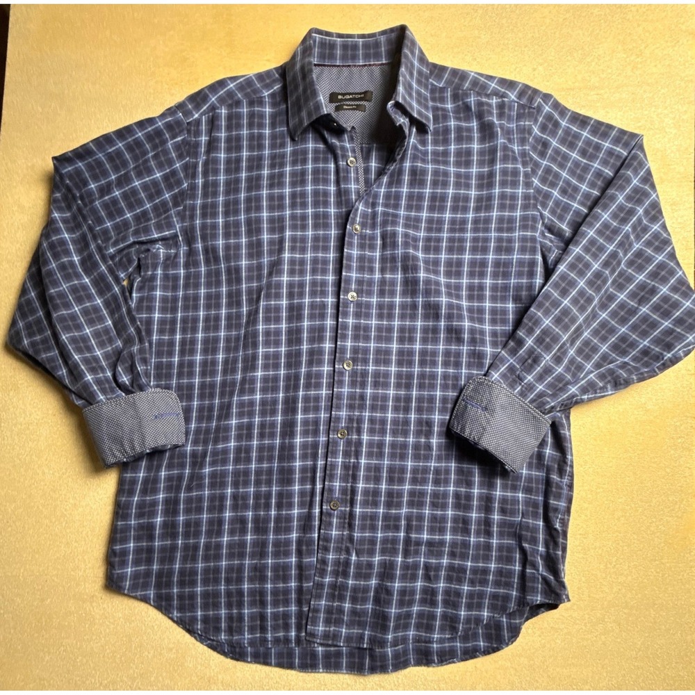 Bugatchi Uomo Mens Classic Fit Blue Plaid Long Sleeve Shirt Cotton L-2443